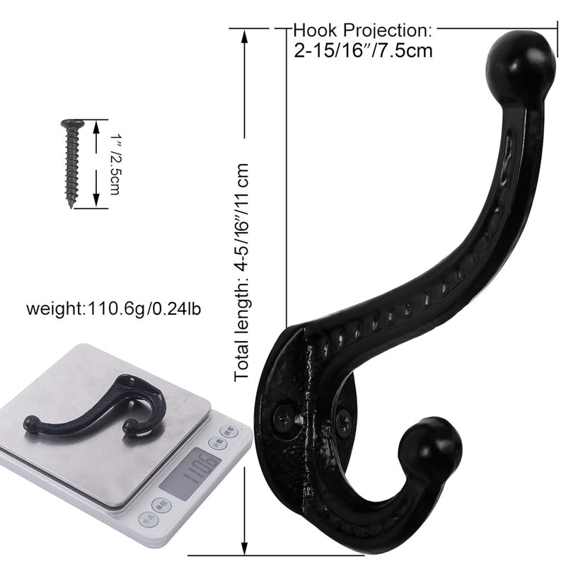 WEBI Rustic Coat Hooks:5 Cast Iron Hooks for Hanging,Heavy Duty Antique Vintage Wall Hooks for Towel,Robe,Farmhouse,Mudroom,Closet,Black - Image 2